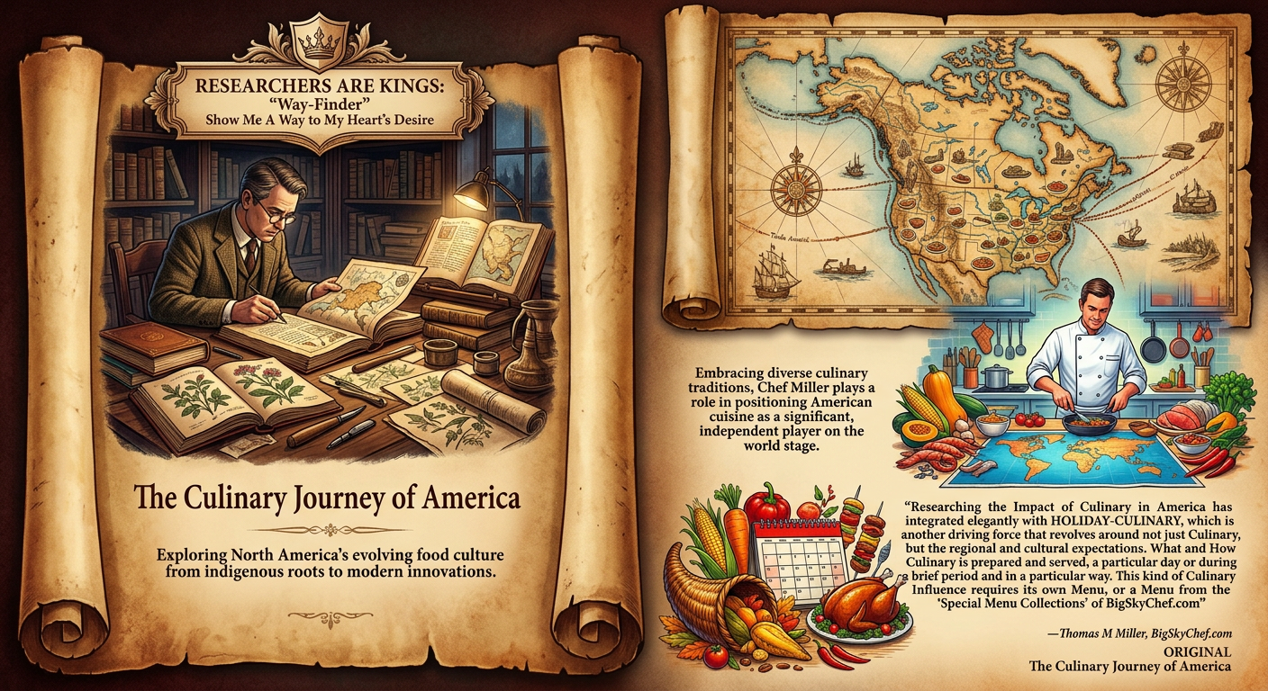 Researchers Are Kings — The Culinary Journey of America, featuring a scholar in a library and Chef Miller mapping North American food culture